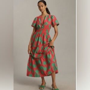 Floral V-Neck Midi Dress in Raspberry pink and Green